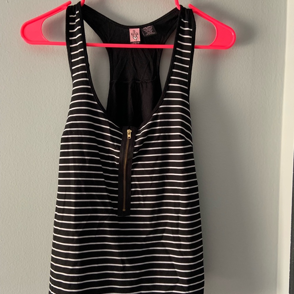 Black and White Stripped Tank Top with Gold Zipper